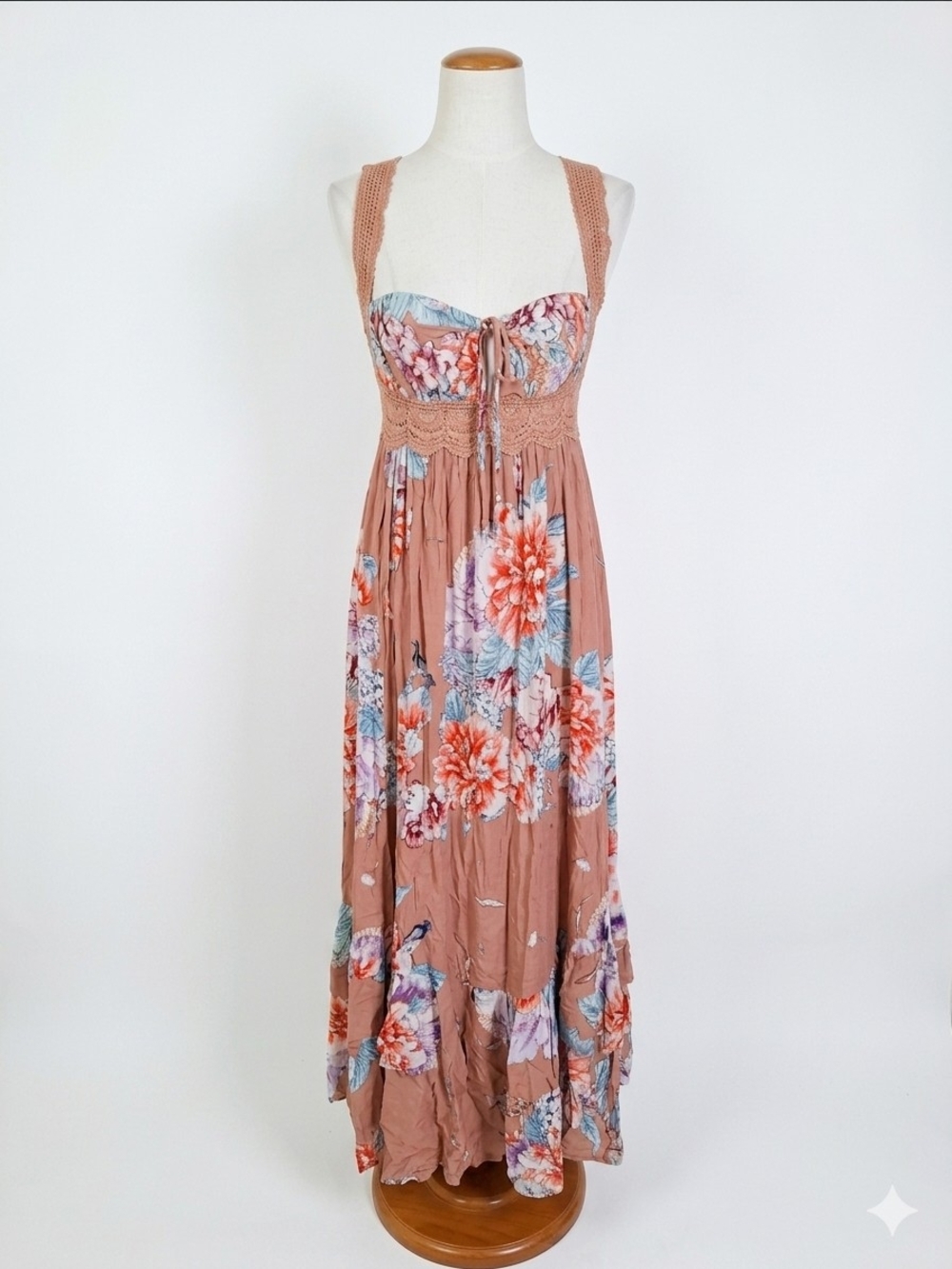 JAASE Boho Floral Crochet Lace Handkerchief Hem Pink Orange Maxi Dress Size XS